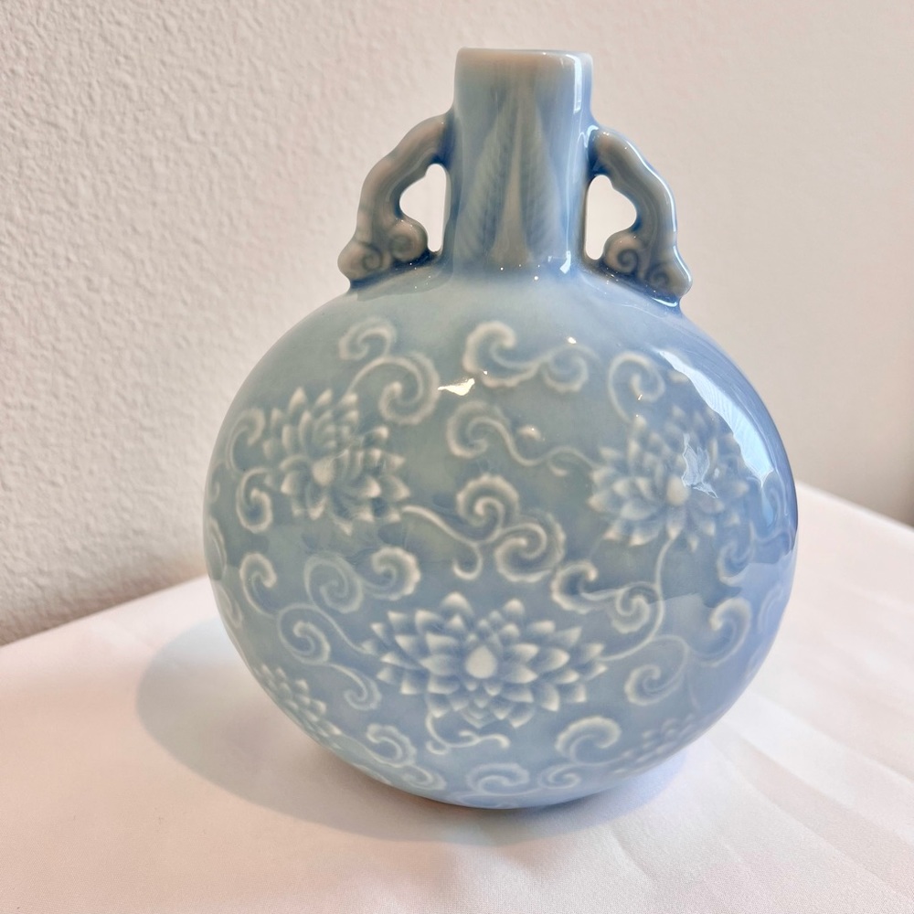 Porcelain Korean Made Moon Flask Vase with Lotus Flower Motif in Pastel Blue